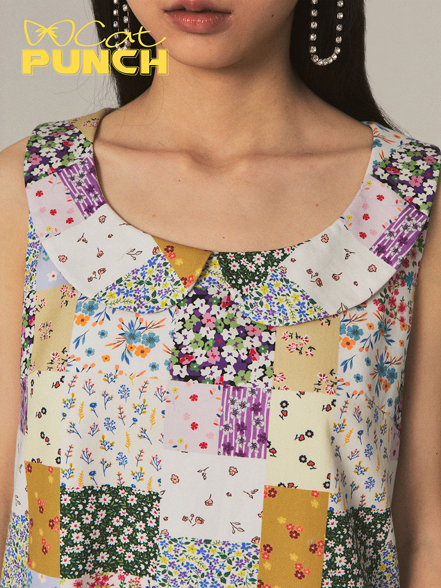 Patchwork Gaudy No-Sleeve Tassel Flower Colorful One-Piece