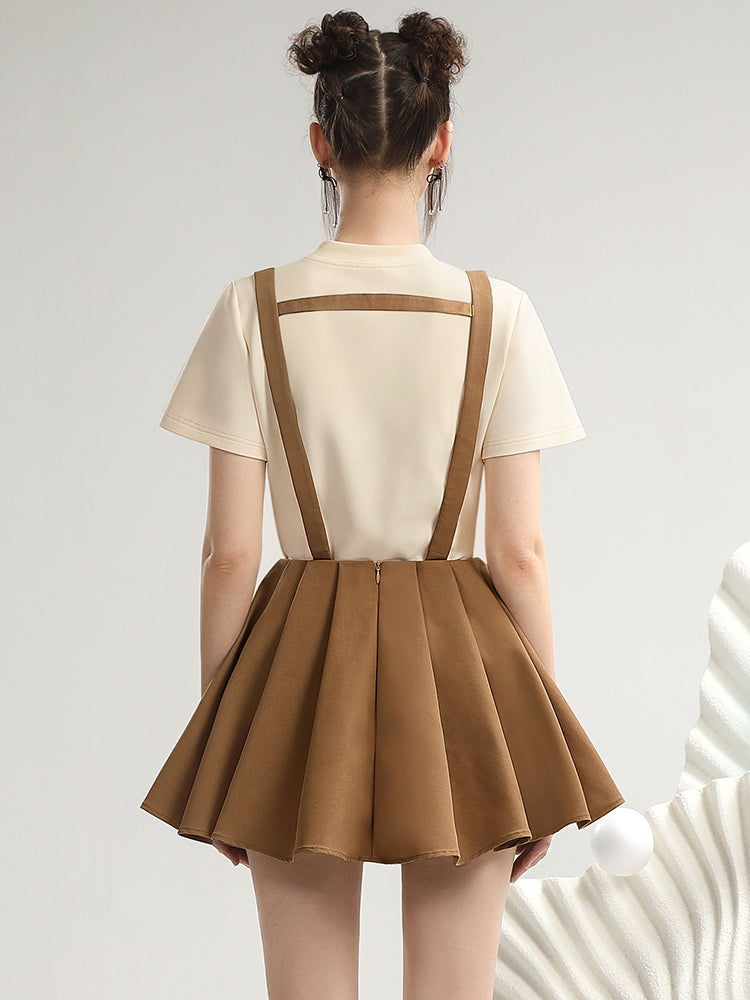 Set-Up Casual Fount-Cut Falre Pleats T-Shirt&Suspenders-Skirt