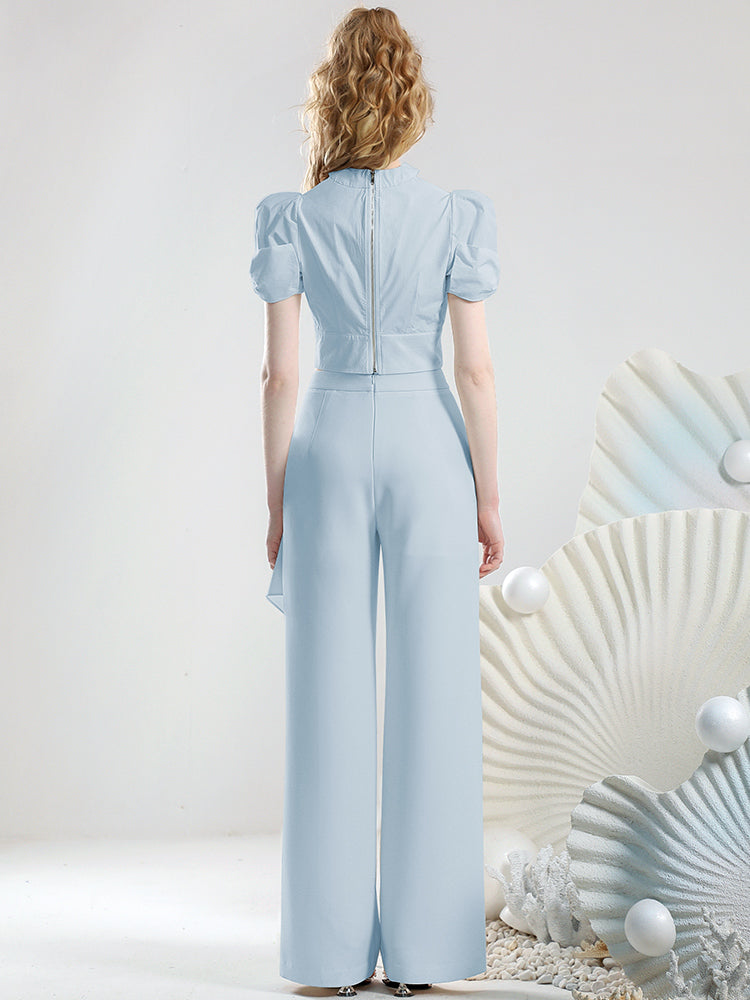 Set-Up Short Wrap Butterfly Half-Sleeve Refreshing Blouse&Straigt-Pants