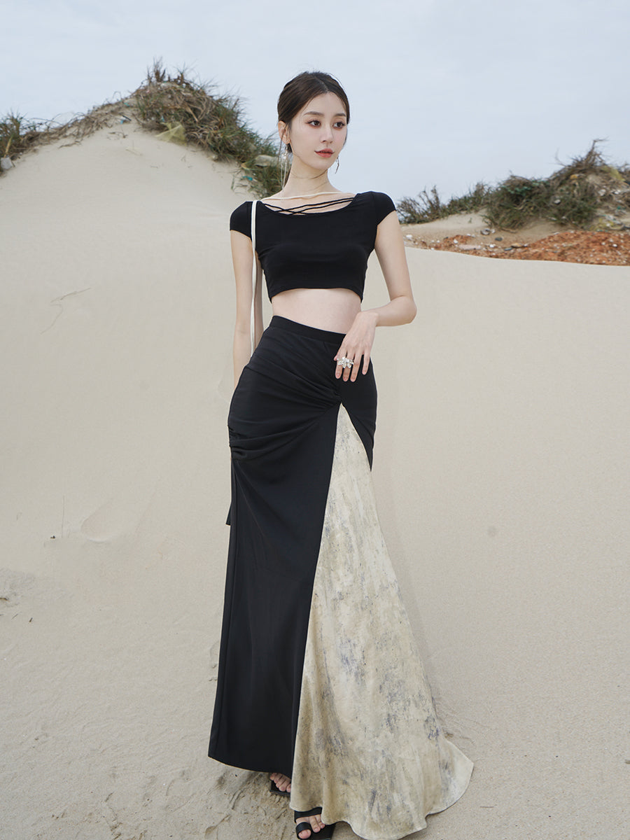 크롭트 비대칭 니치 타이트 컷트수트