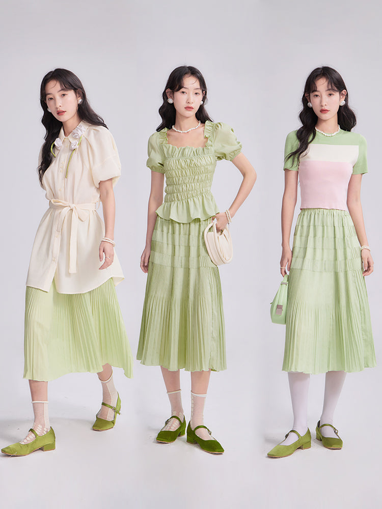 Gather Frill Puff-Sleeve Peplum Chic Blouse&Long-Skirt