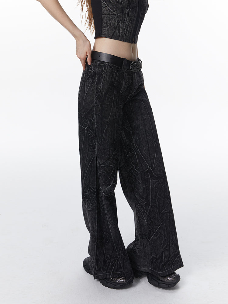 주름진 데님 캐주얼 넓은 바지