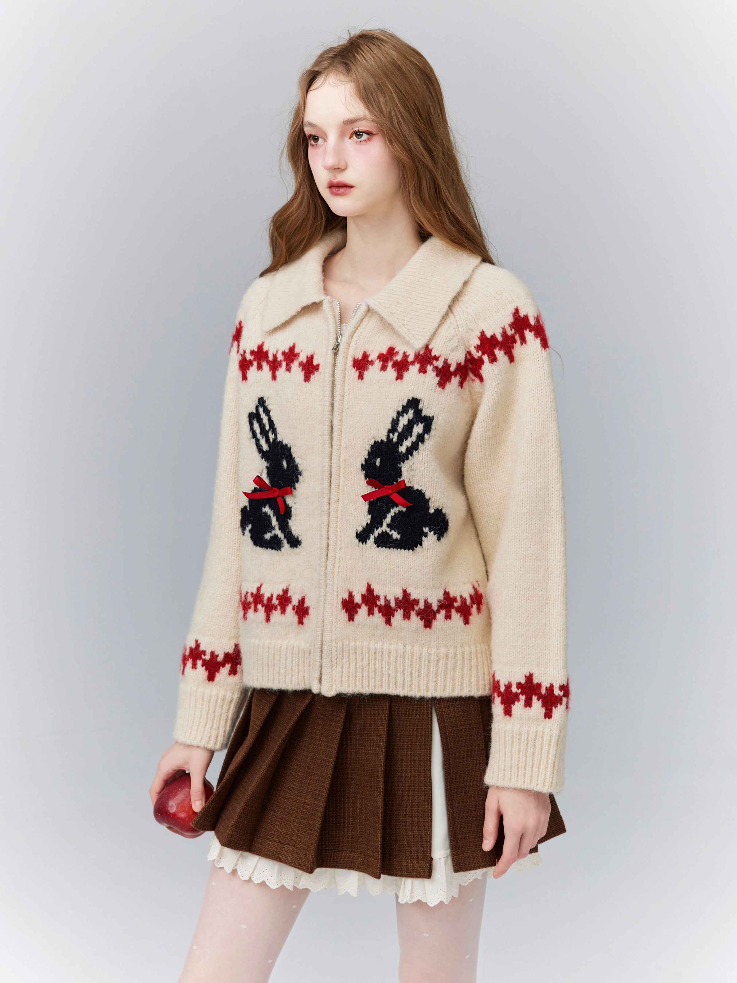 Rabbit Zip Retro Cute Embroidery Winter Knit