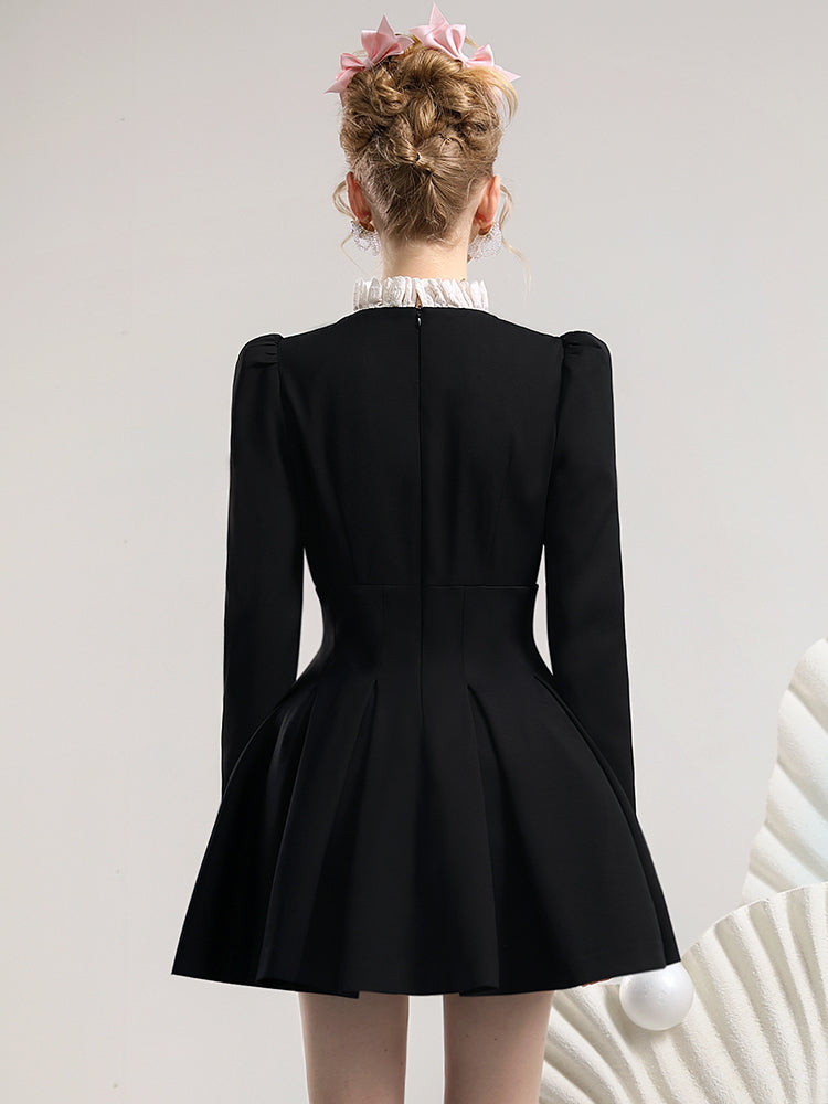 Stand-Collar Pleats Flower Rose 3D Classy One-Piece