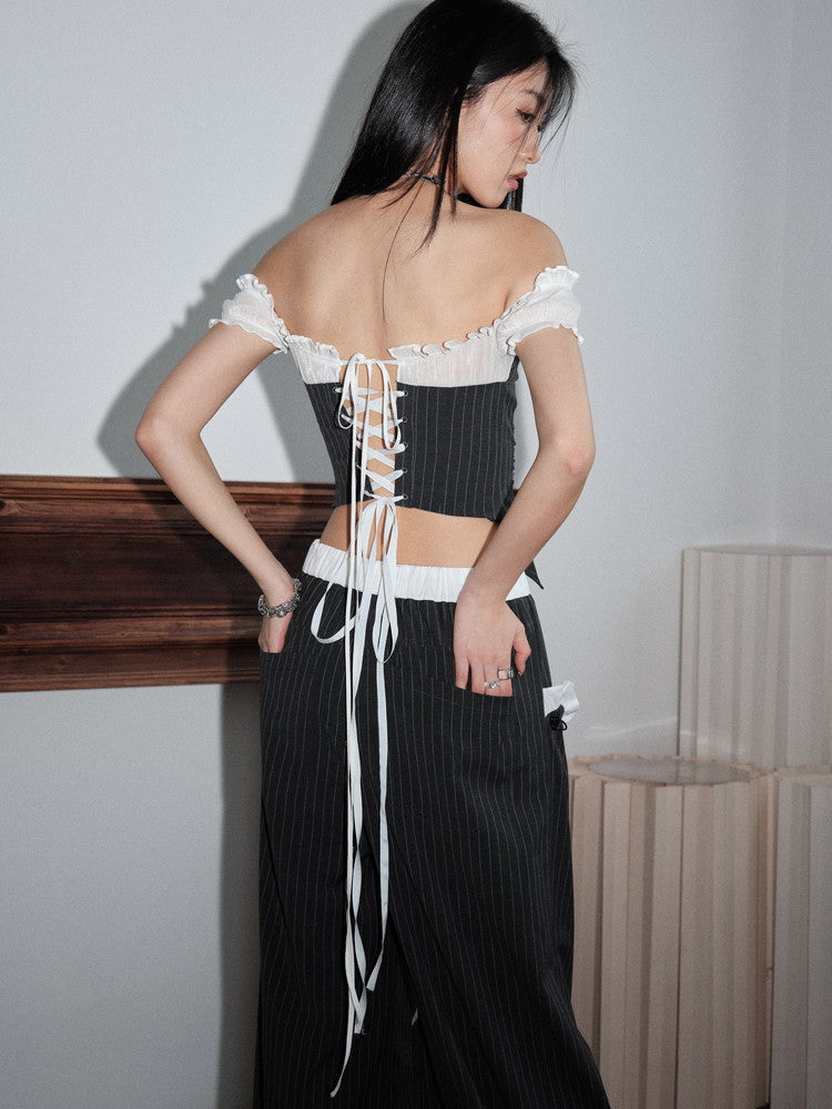 Stripe Frill Bi-Color High-Waist Wide-Pants