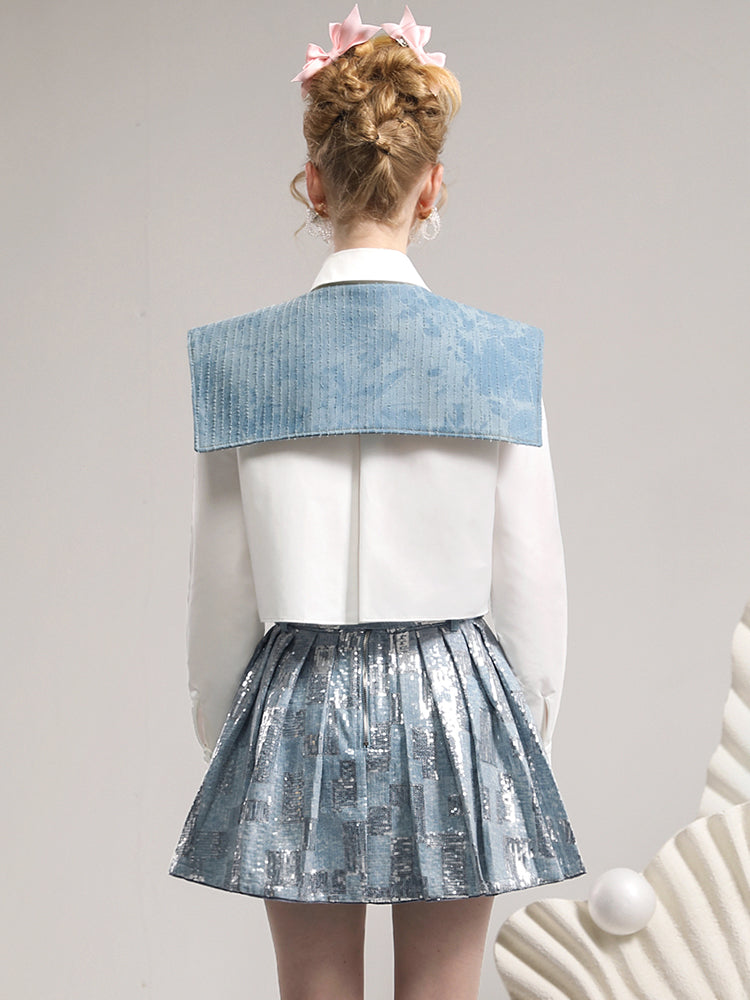 Tops & Mini-Skirt Sailor Metallic Unique Unique Denim Big-Colar College