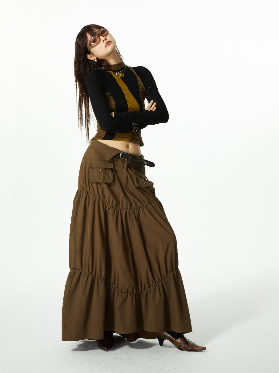 Gather Tiered Flare Plain Nichi Wrap-Waist Long-Skirt – ARCANA ARCHIVE