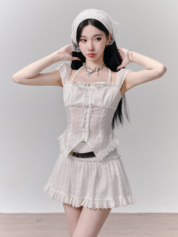 Set-Up Thin Lace Ribbon Feminine Slim Blouse&Mnini-Skirt