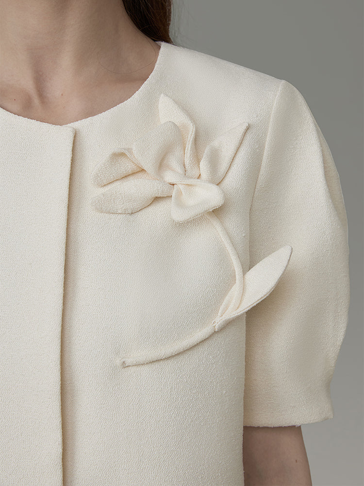 Flower Embroidery Puff-Sleeve Formal Blouse&Long-Skirt