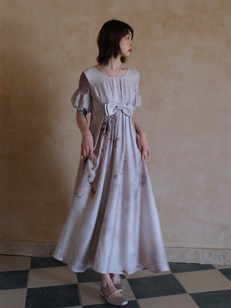 세련된 퍼프 슬리브 리본 플레어 원피스