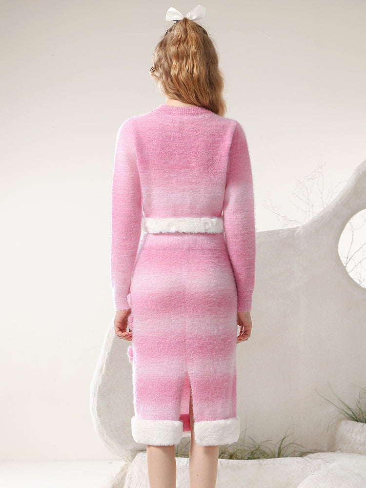 니트 여성 3D 꽃 귀여운 보아 셋업 탑 & 스커트