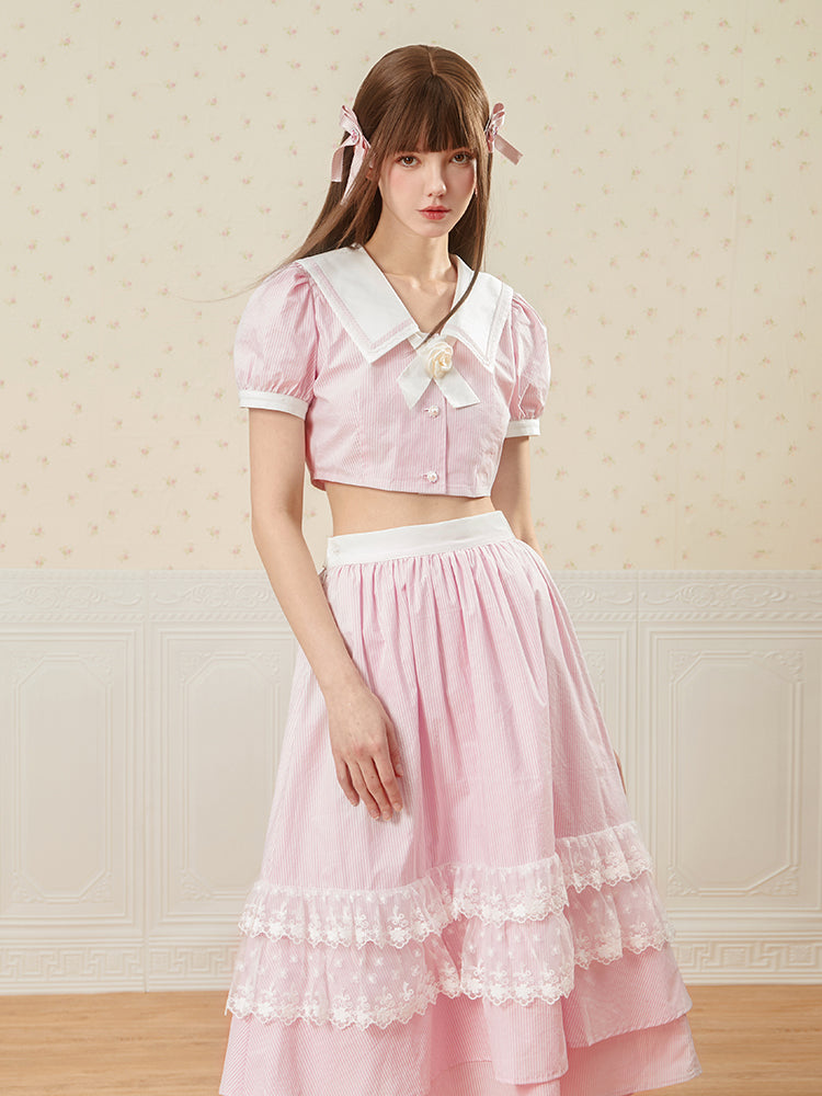 Set-Up Stripe Sailor Lace Cute Ribbon College Blouse&Long-Skirt