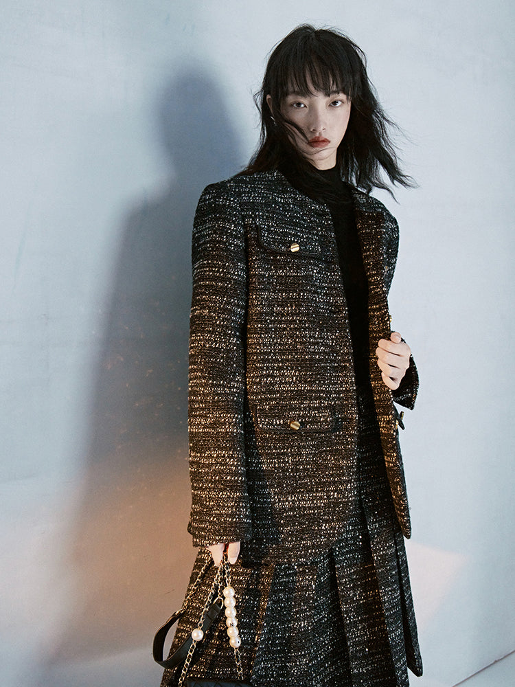 Tweed No-Collar Formal Oversize Jacket