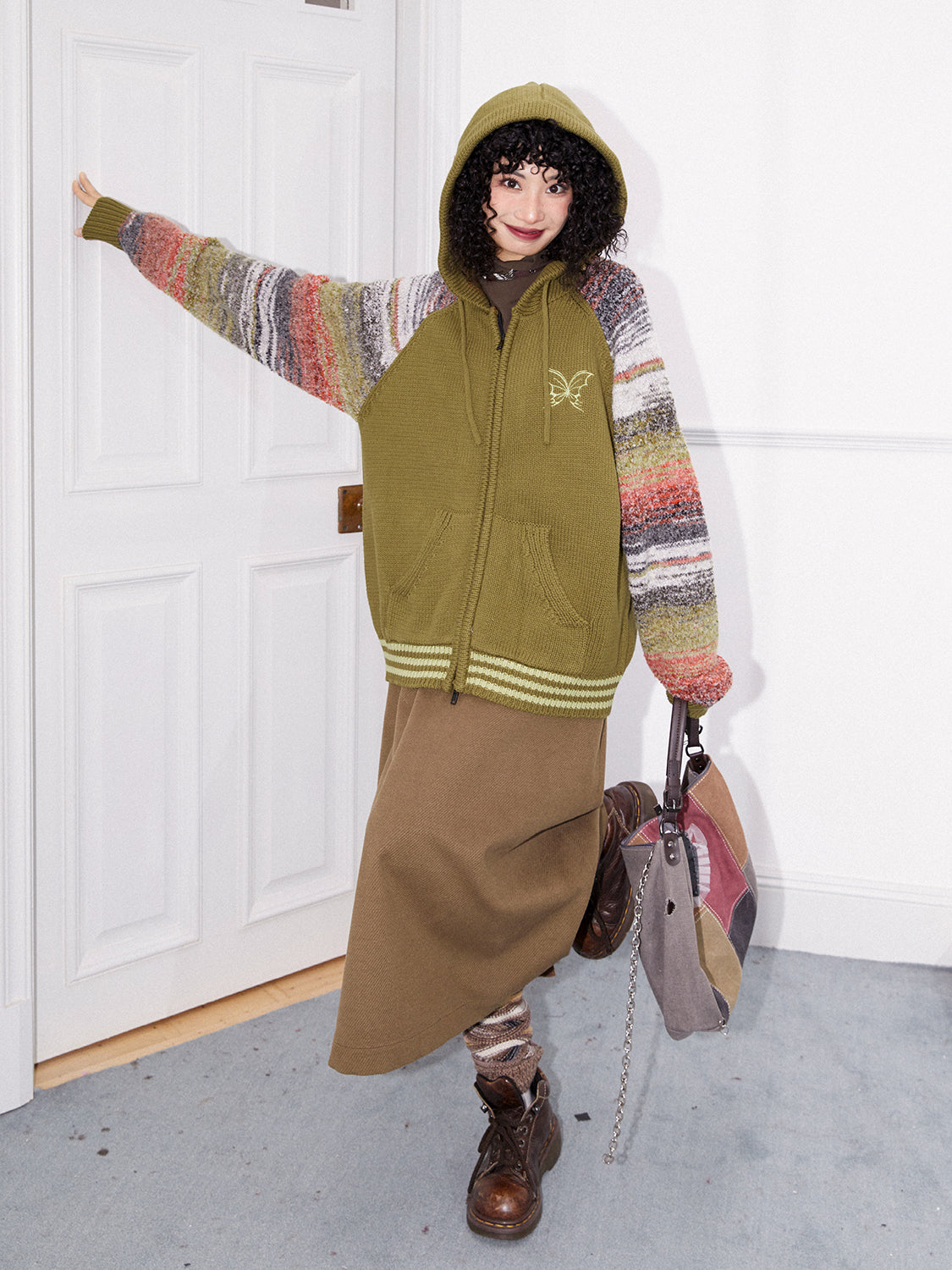 국경 레트로 까마귀 캐주얼 컬러 니트 파르카