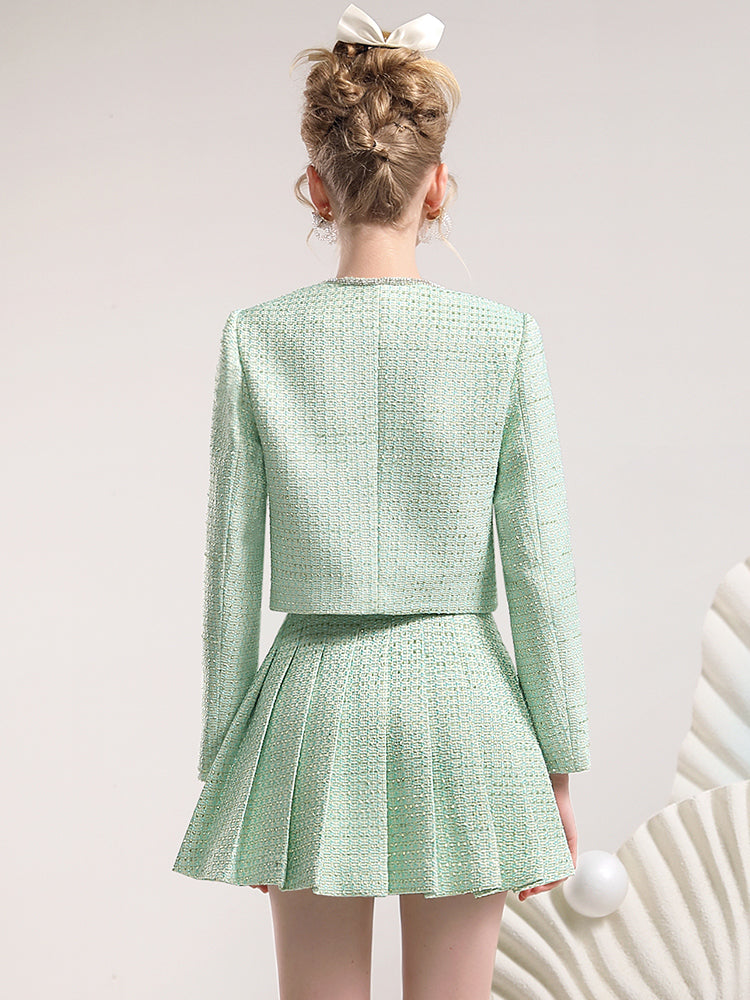 Jacket&Mini-Skirt Tweed Suit Pleats Classy Retro Set-Up