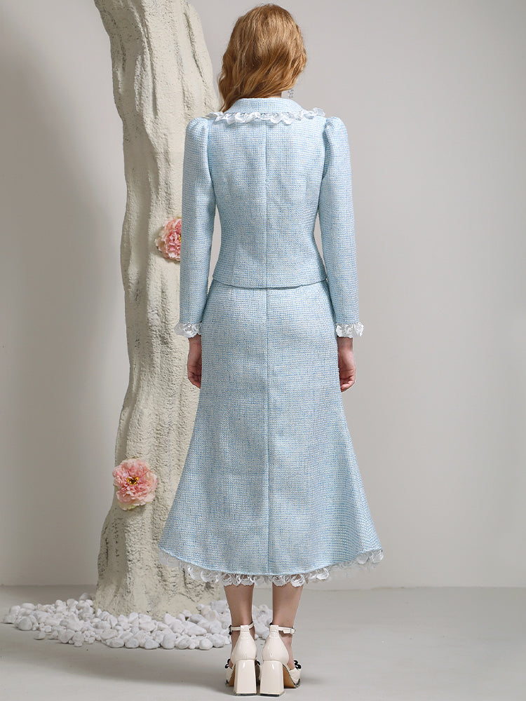 Jacke & Langstachelbandschlitz Spitze Frill Femineine Anzug Setup