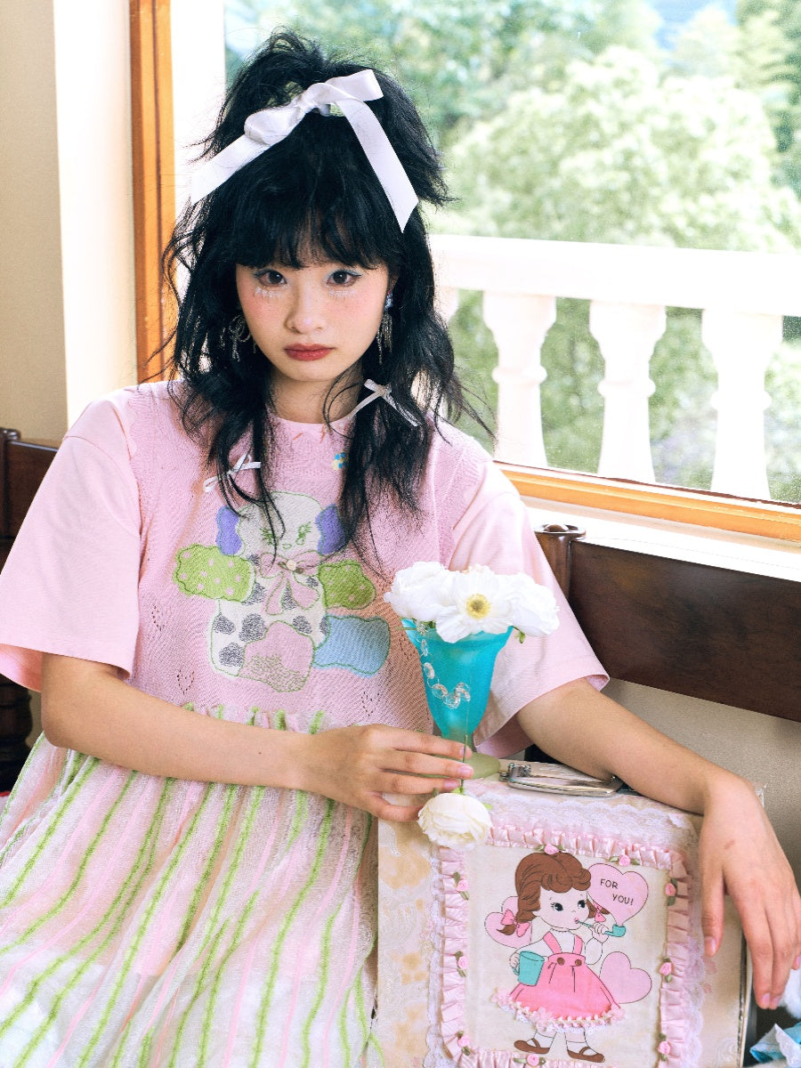 니트 믹스 스트라이프 레이스 팝 웨이브 원피스