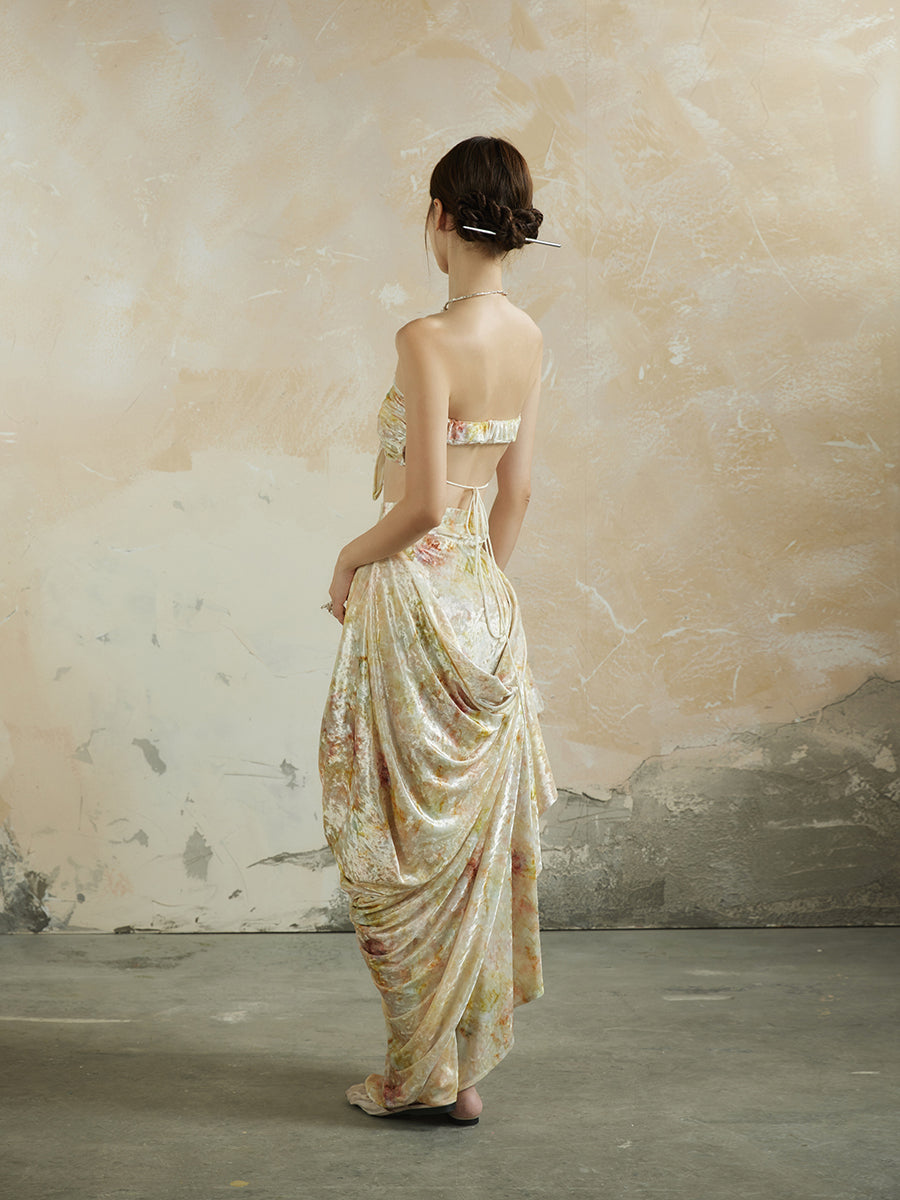 Speckled Asymmetry Drape Feminine Velvet Elegant Long-Skirt