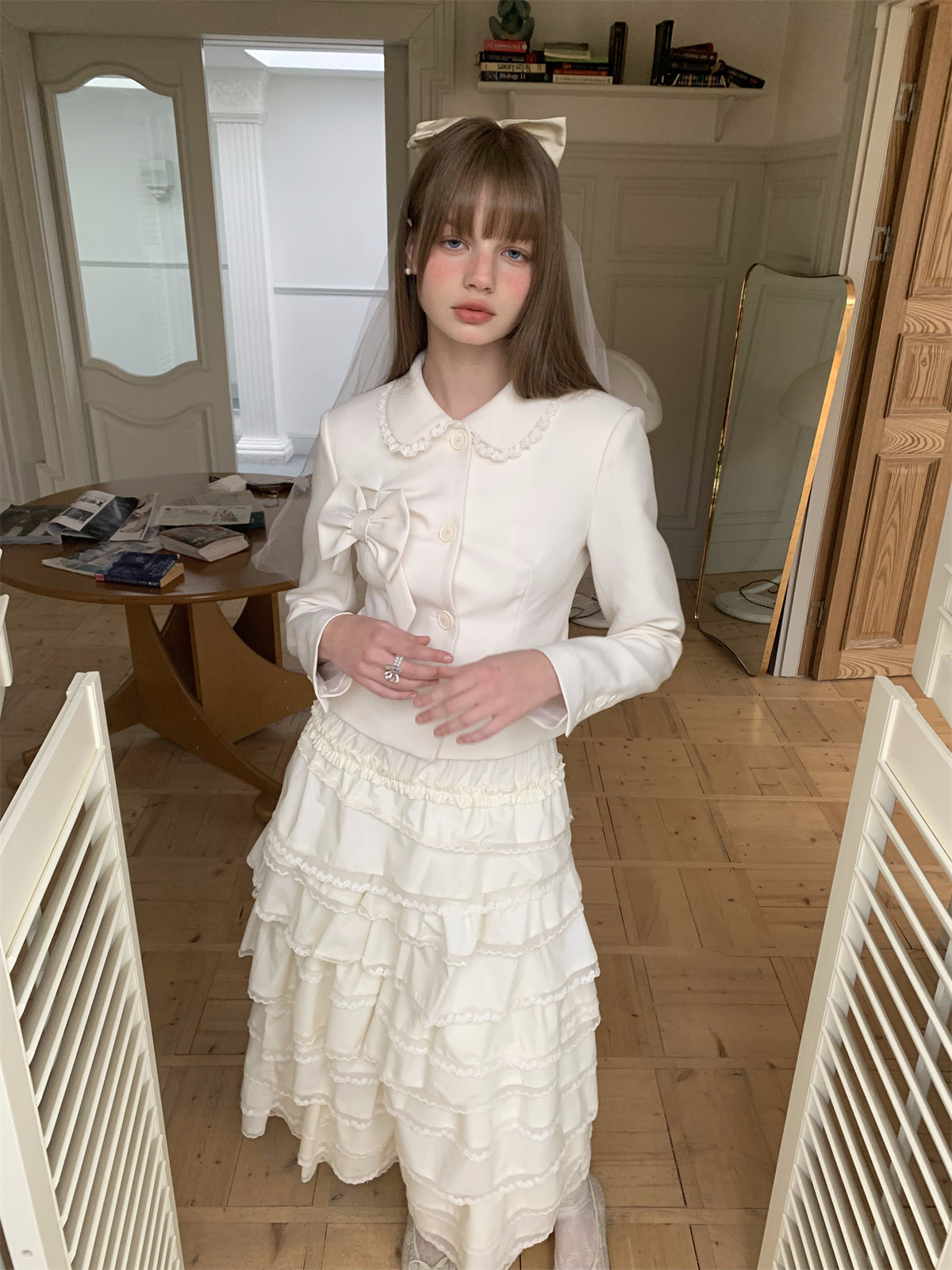 Ribbon Frill Girly Sweet Cute Plain Jacket