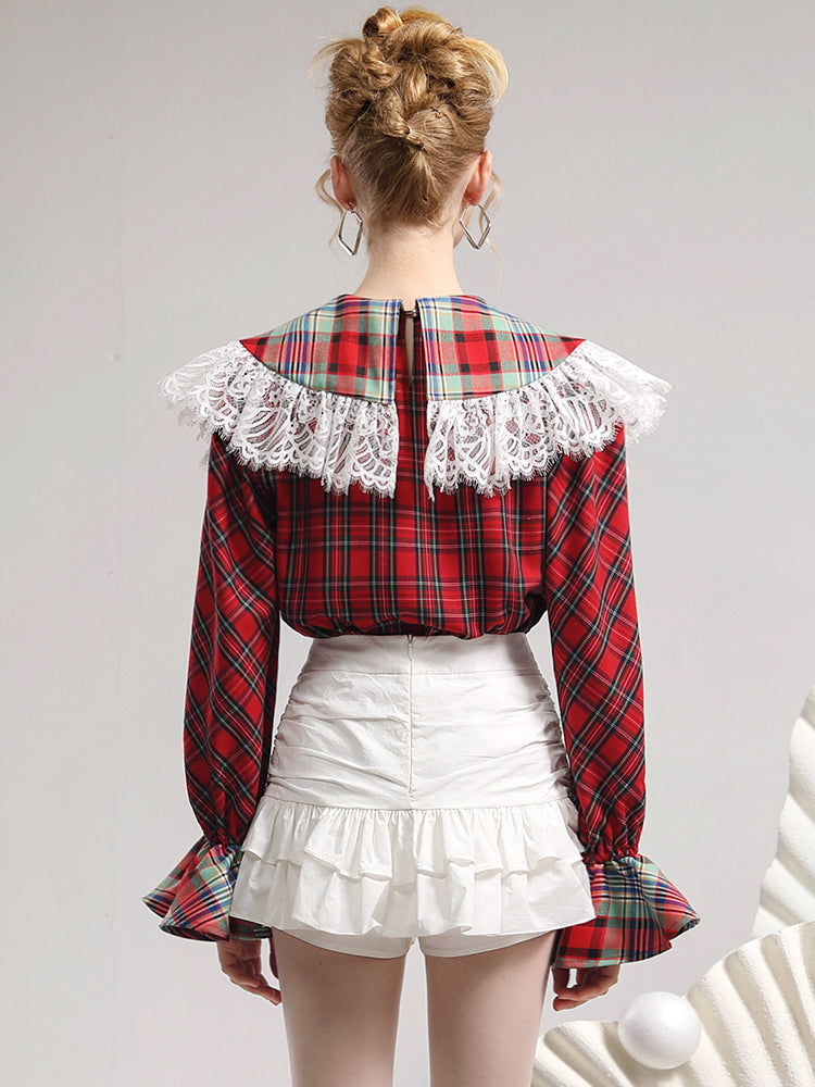 Nichi Checked Lace Big-Collar Retro Girly Blouse
