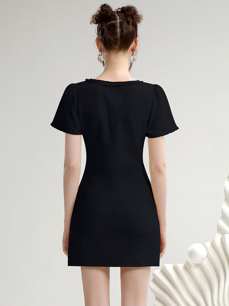 Flower-Motif Nichi U-Neck Half-Sleeve Short Casual Nichi Dress