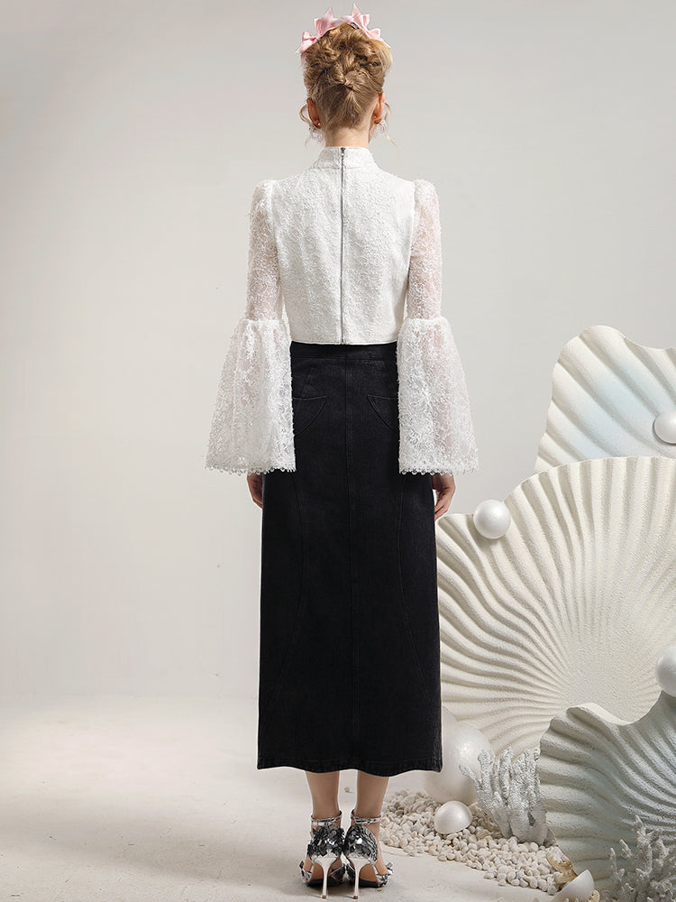 섹시한 웨이브 니치 비주 데님 비대칭 장거리 스커트