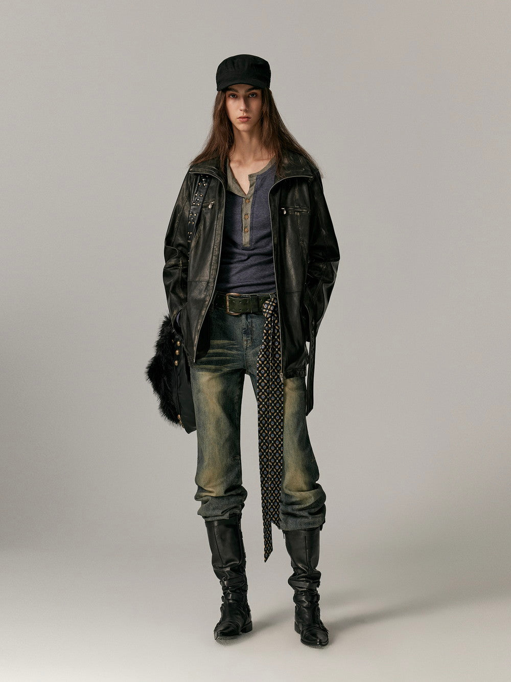 Smooth Vintage Stand-Collar Cool Loose Leather-Jacket
