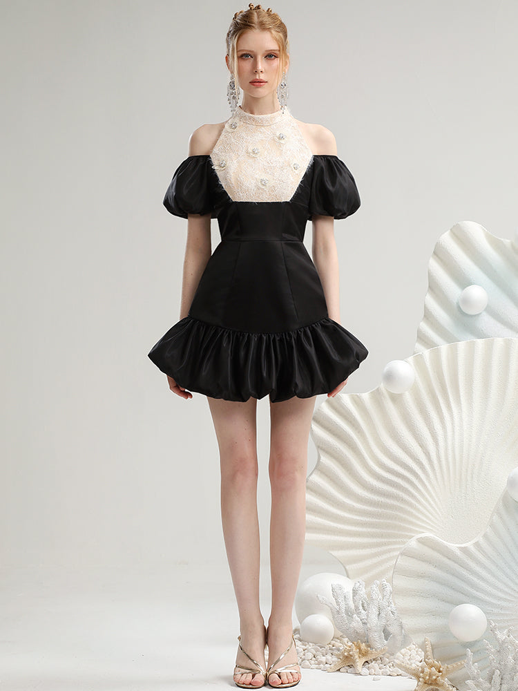Open-Shoulder Balloon Halter-Neck Short Chic Puff-Sleeve Dress