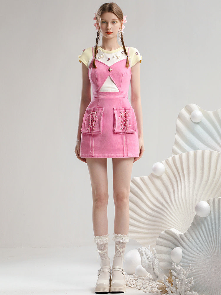 Set-Up Bijou Ribbon Lace-Up Slim Short Nichi T-Shirt&Dress