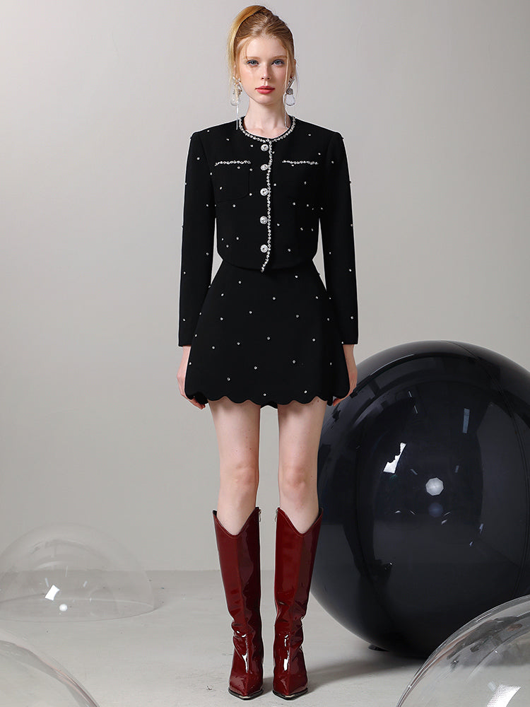 Jacket&Mini-Skirt Pearl Suit Classy Studs Set-Up
