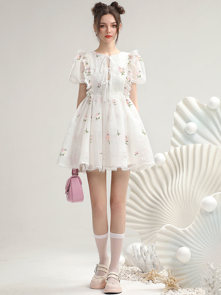 Flower Lace Frill Feminine Short Retro Fluffily One-Piece