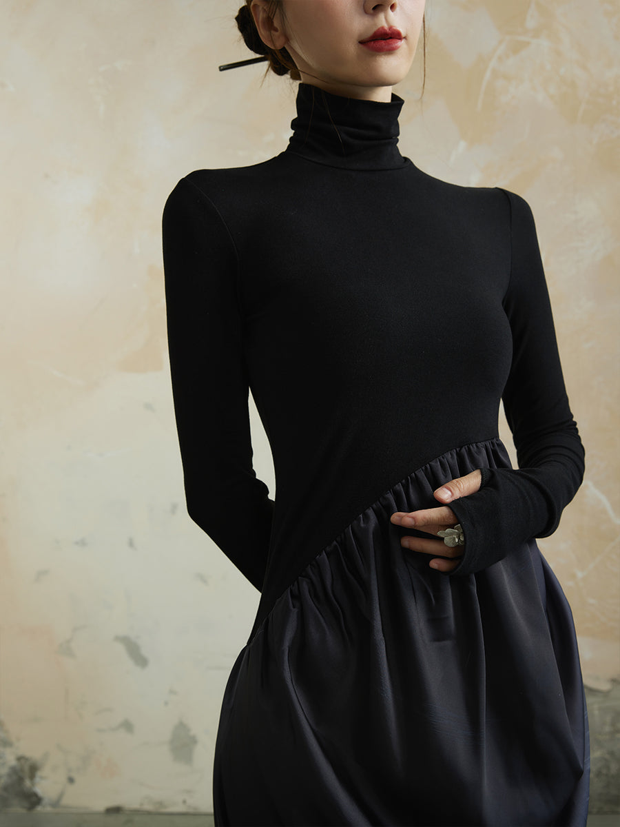 Knit Gradation Drape High-Neck Mix Elegant One-Piece