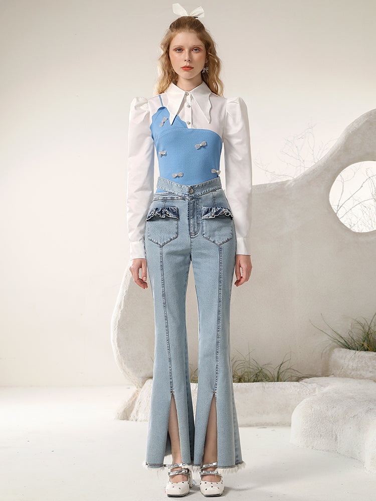 Knit&Shirt Ribbon Fake-Layered Docing Nichi Retro Tops