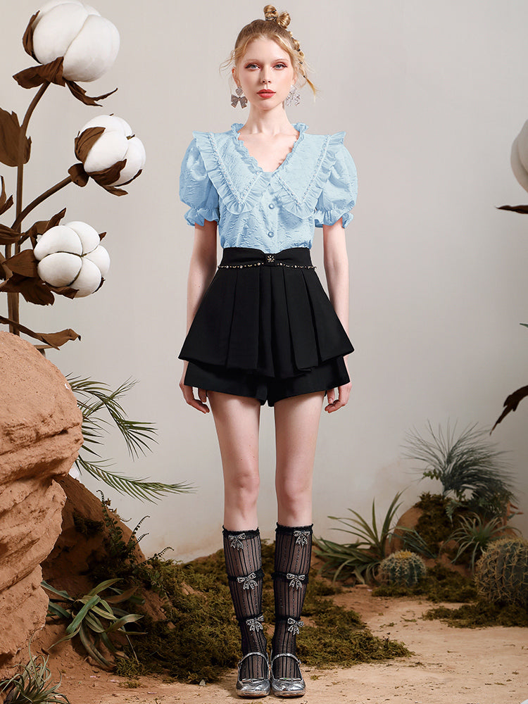 Puff-Ärmelns-Big-Collar-Frill-Bluse