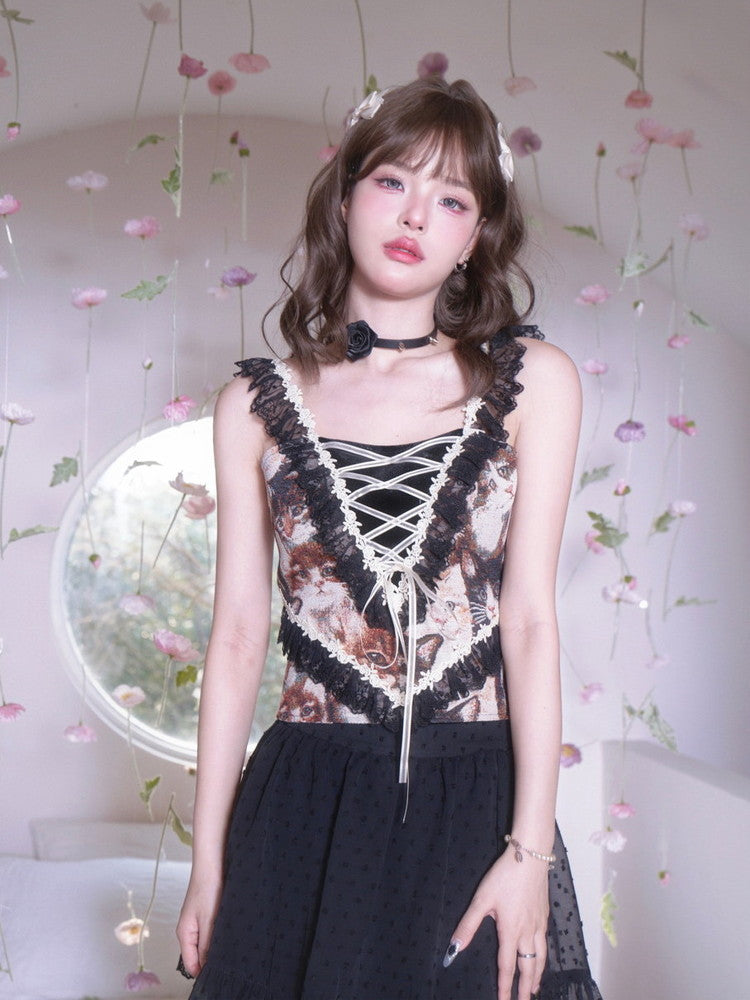 Lace Lace-Up Elegant Flower Gothic Frill No-Sleeve Tops