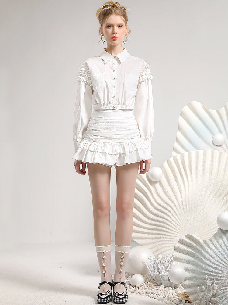 Blouse&Mini-Skirt Lace Tiered Frill Girly Set-Up