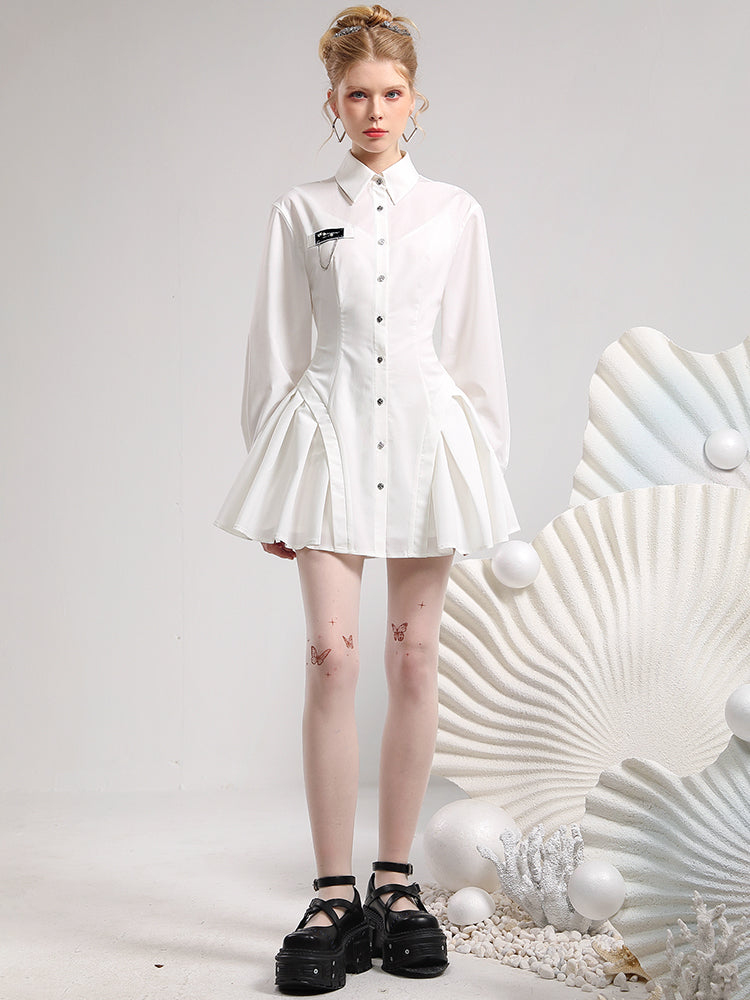 Shirt Side-Pleats Fluffily Chic Short One-Piece