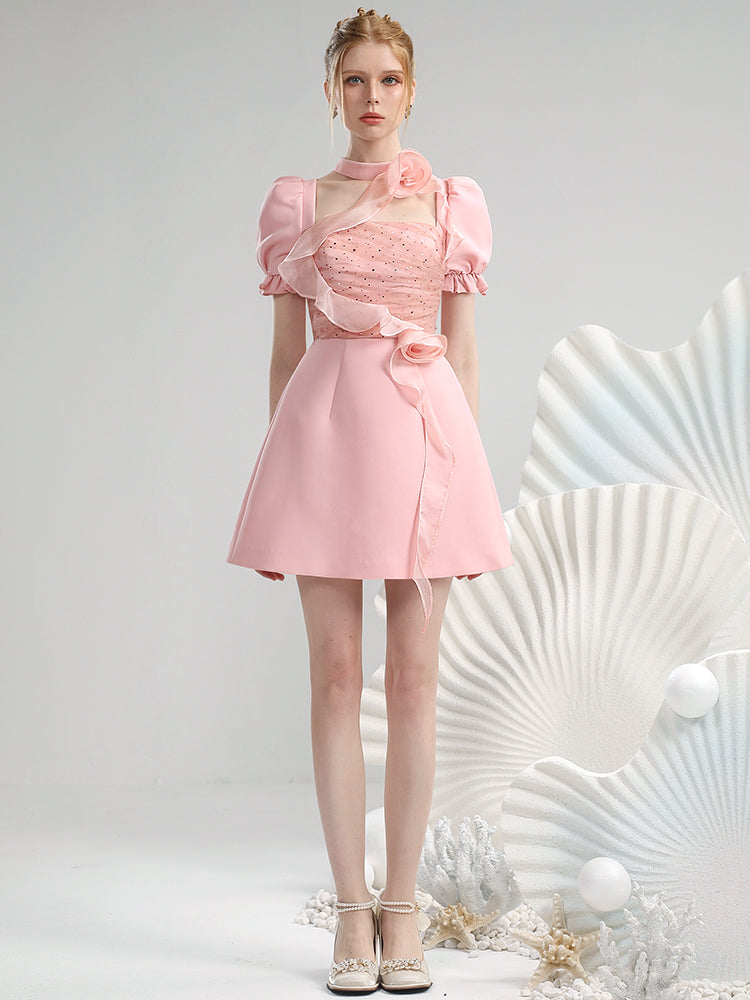 Rose Asymmetry Ciffon Puff-Sleeve Ruffle Short Flare Short Dress