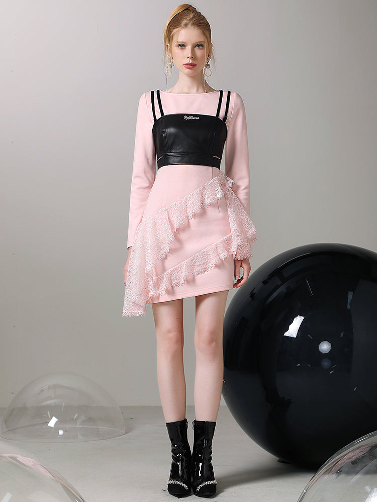 베스트 & 원피스 가죽 비대칭 레이스 페미닌 셋업