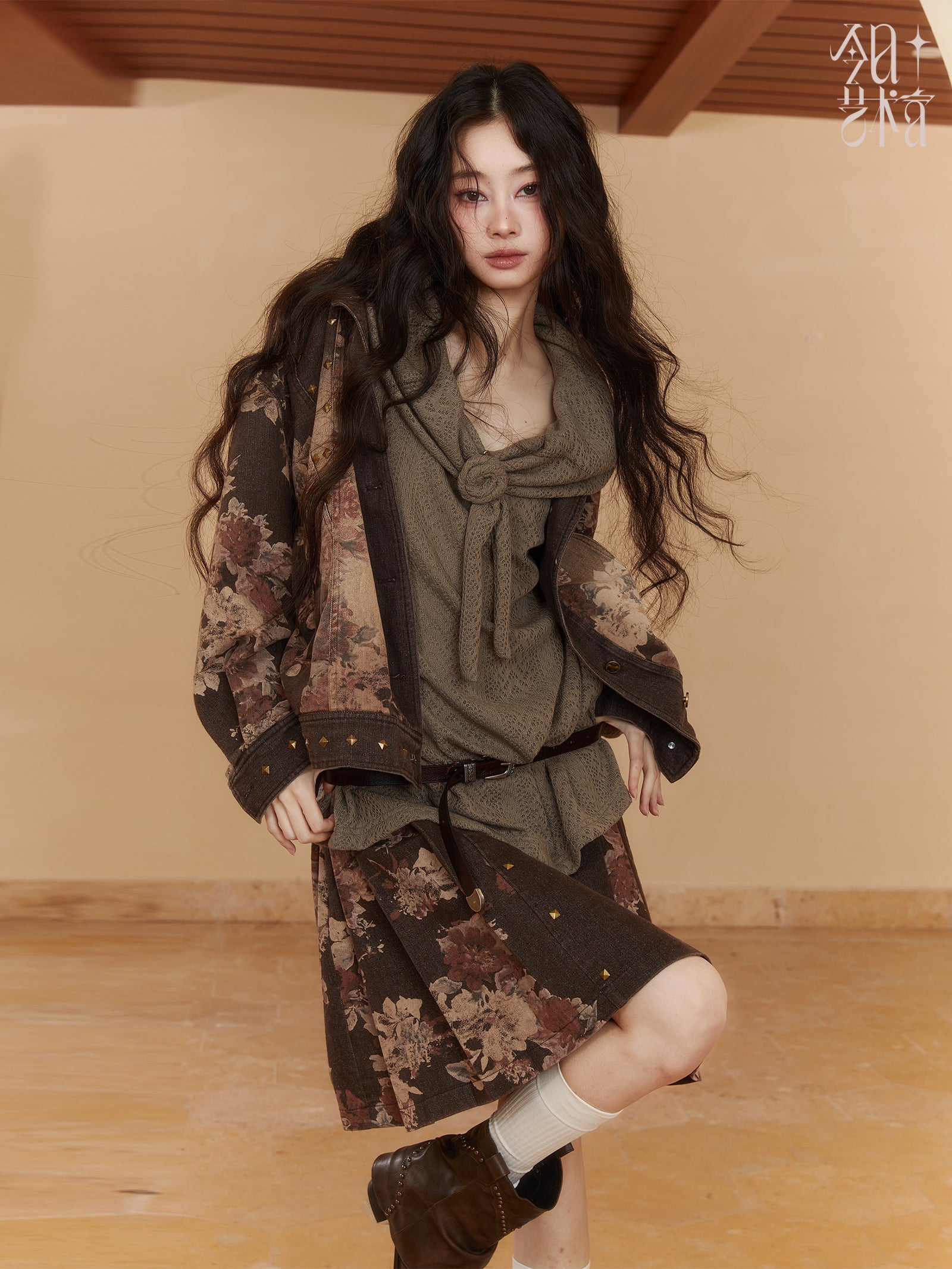 Denim Dlower Retro Vintage Jacket&Mini-Skirt