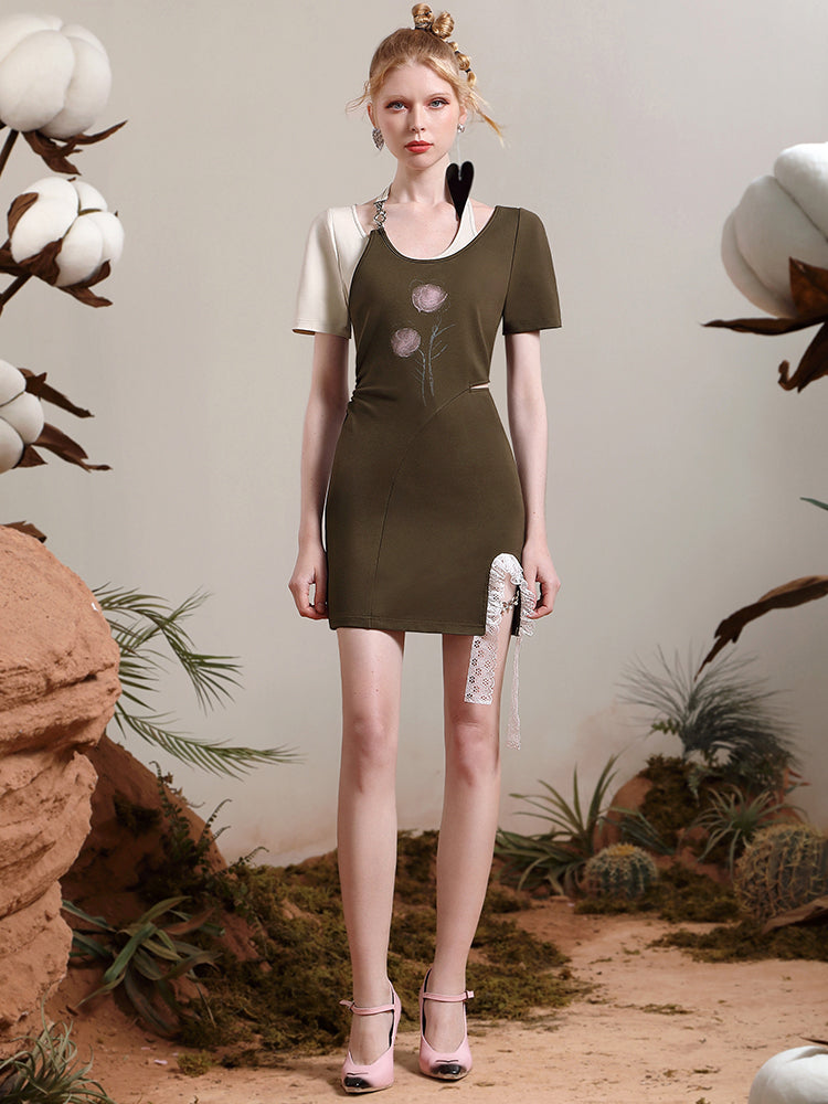 사이드 슬릿 꽃 레이스 비대칭 독특한 원피스