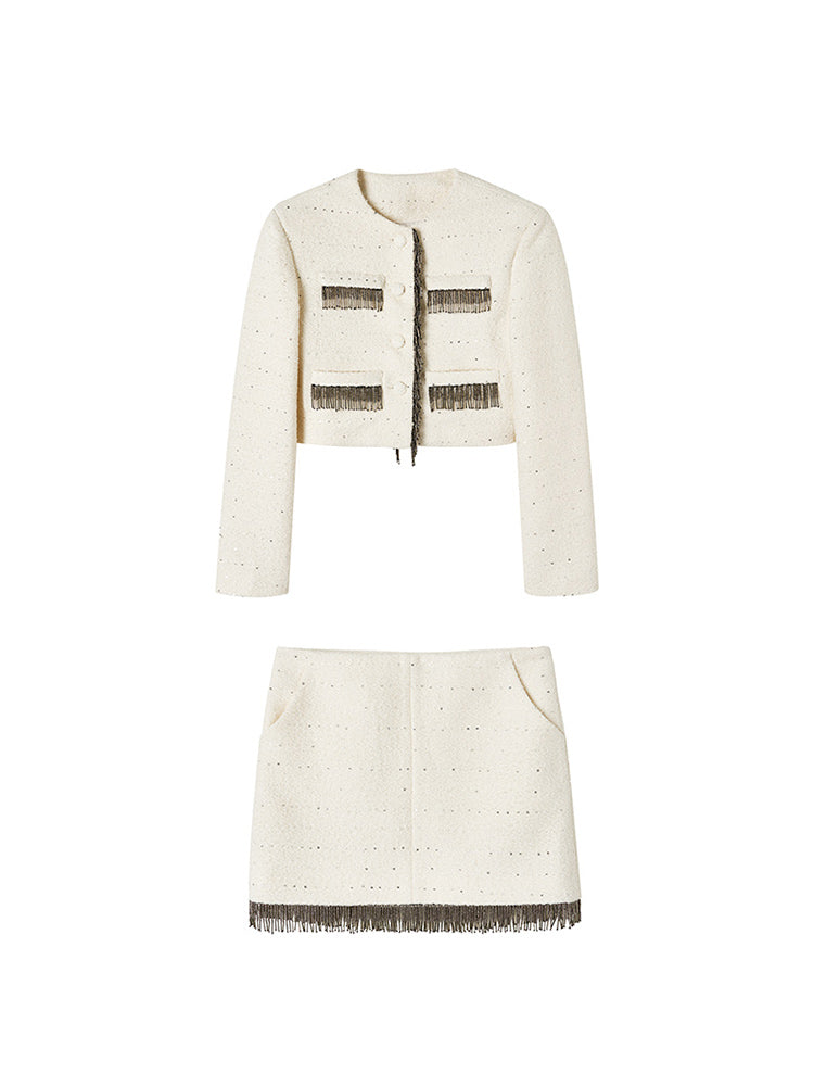 Tassel Wool No-Collar Chic 고급 재킷 미니 스커트