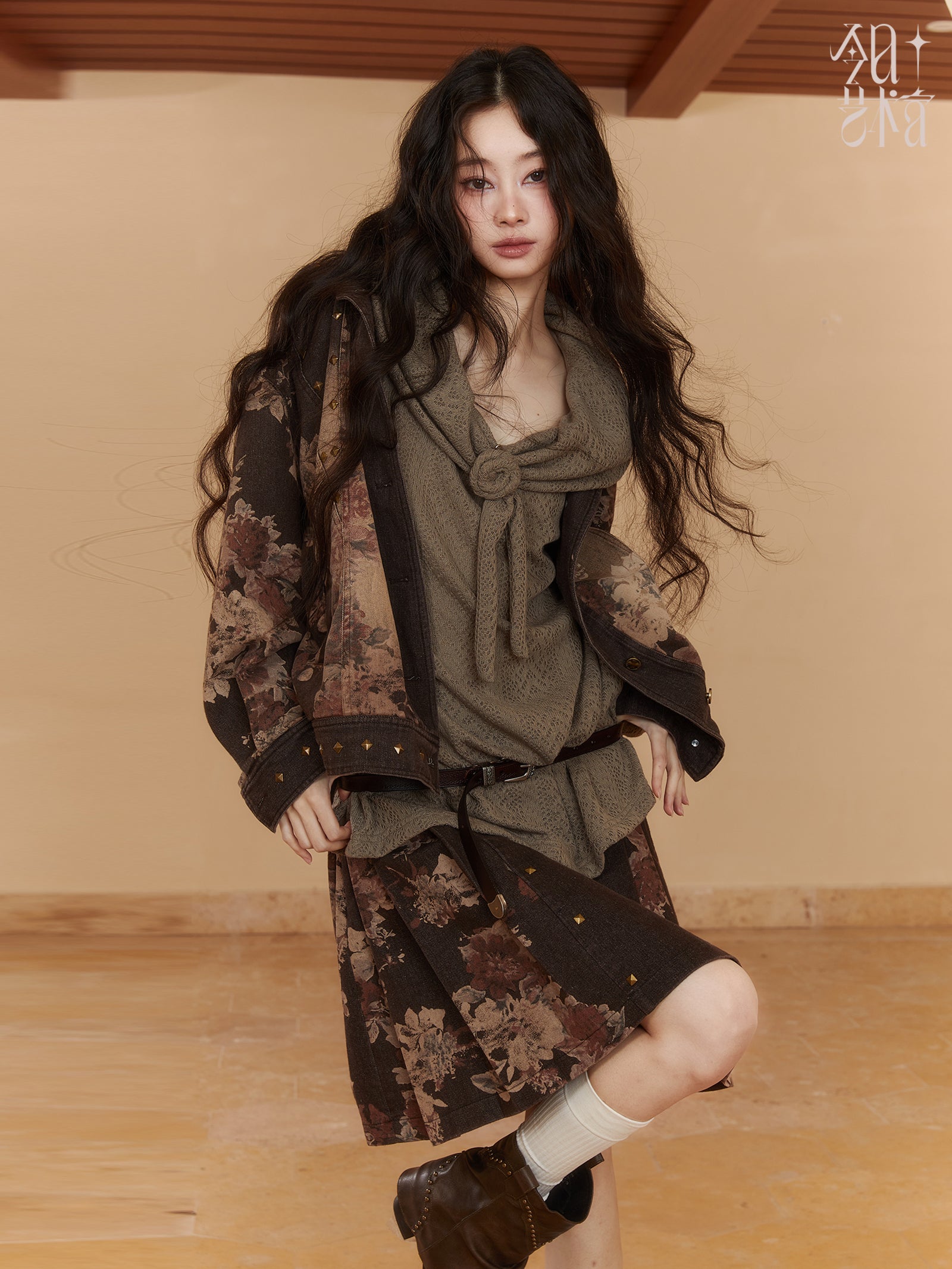 리본 로즈 루즈 오프숄더 2Way 롱 니트