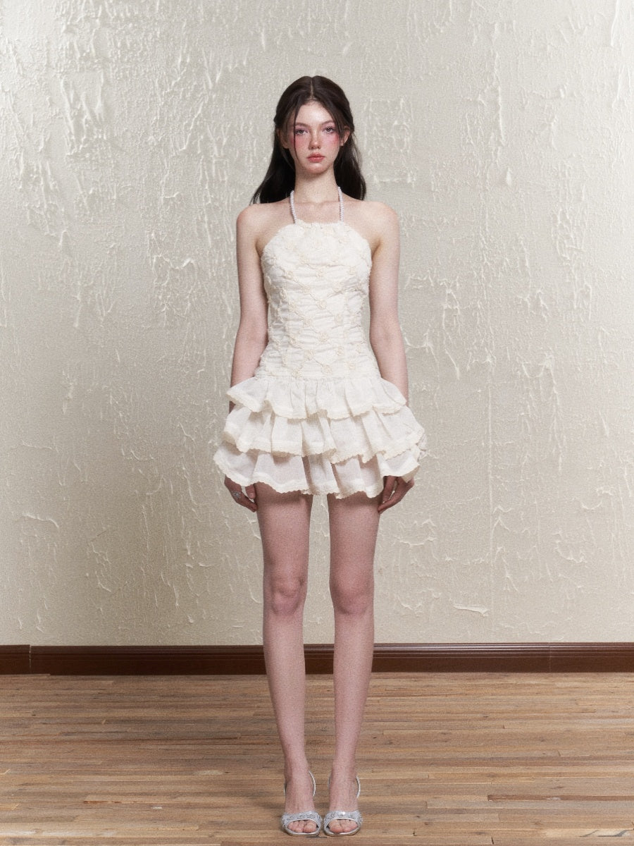 Puff-Sleeve Ciffon Tiered Halter-Neck Sweet One-Piece & Bracelet