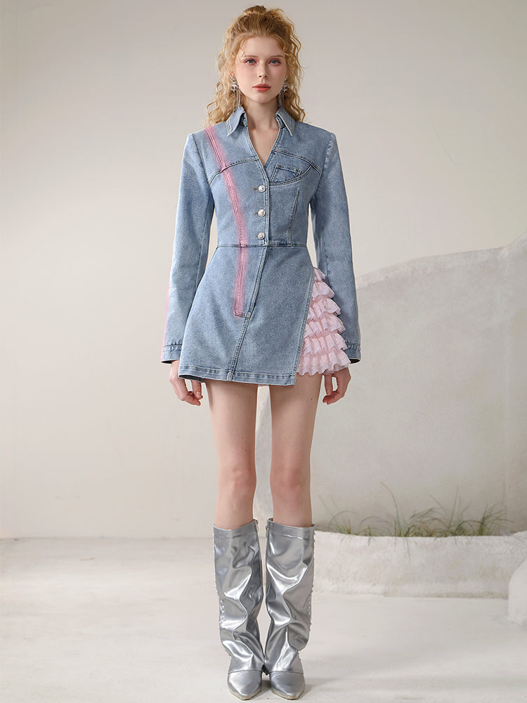 Set-Up Denim Layered Casual Spray Long-Tops&Tulle-Skirt