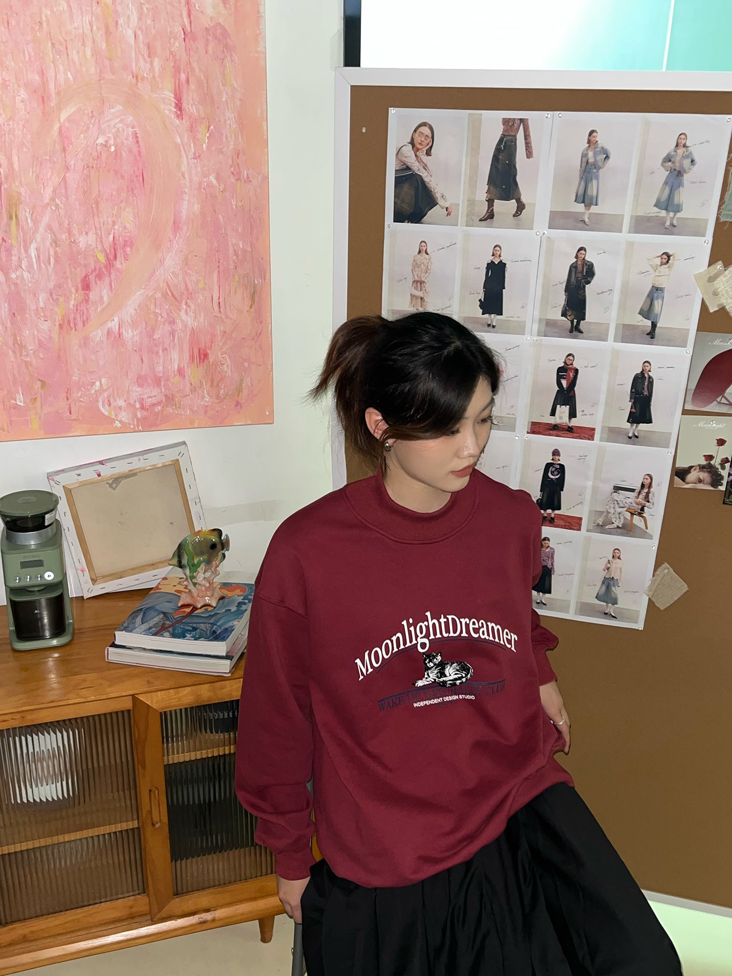 고양이 땀 로고 크루 넥 레드 풀버