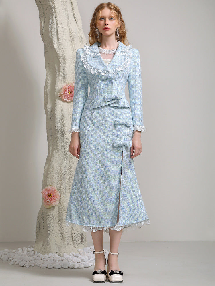 Jacke & Langstachelbandschlitz Spitze Frill Femineine Anzug Setup