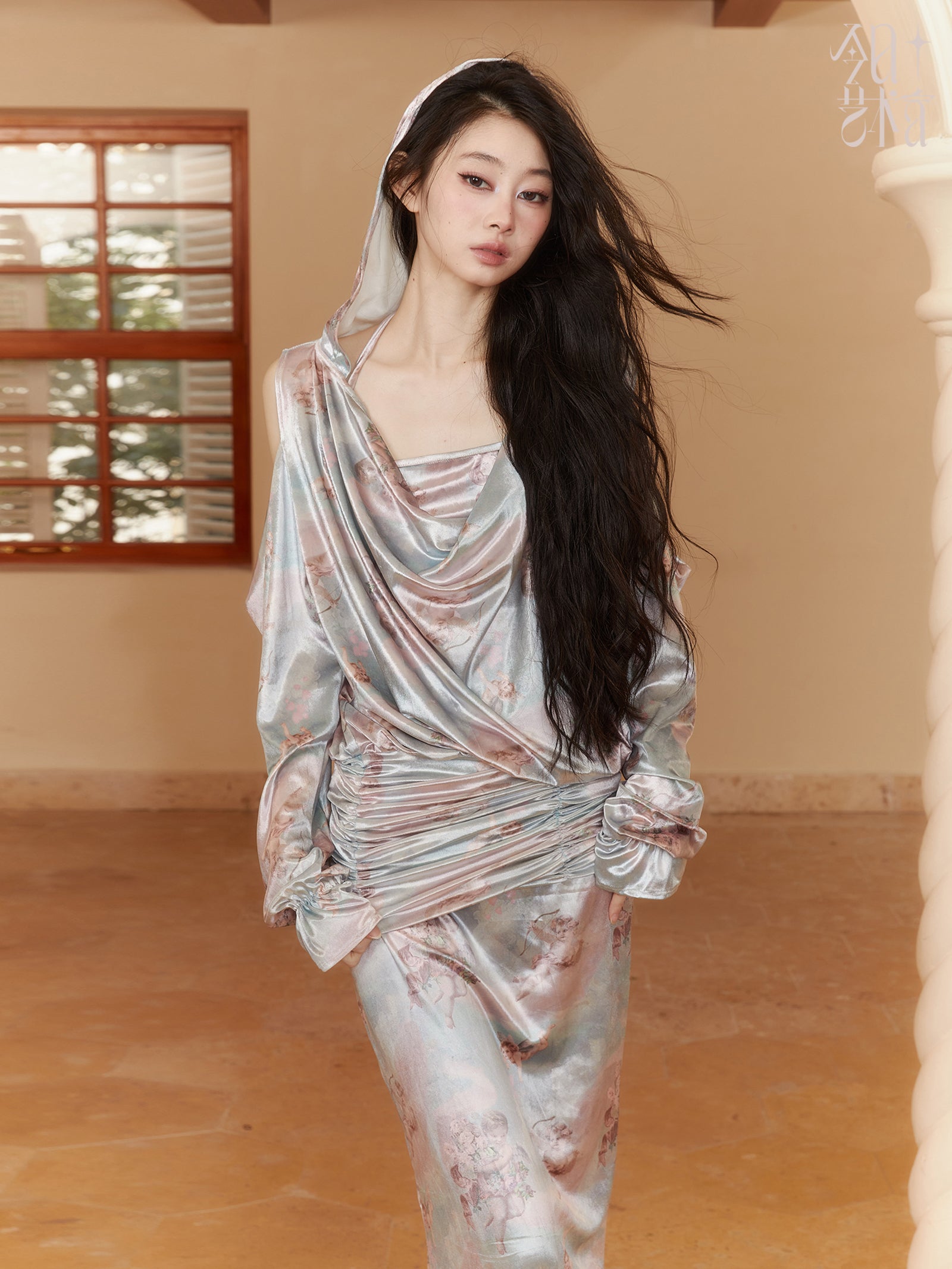 Velvet Cotton-Candy Drape High-End High-End V-Ausschnitt Candy-Sleeve Open-Shoulder Bluse & Rock