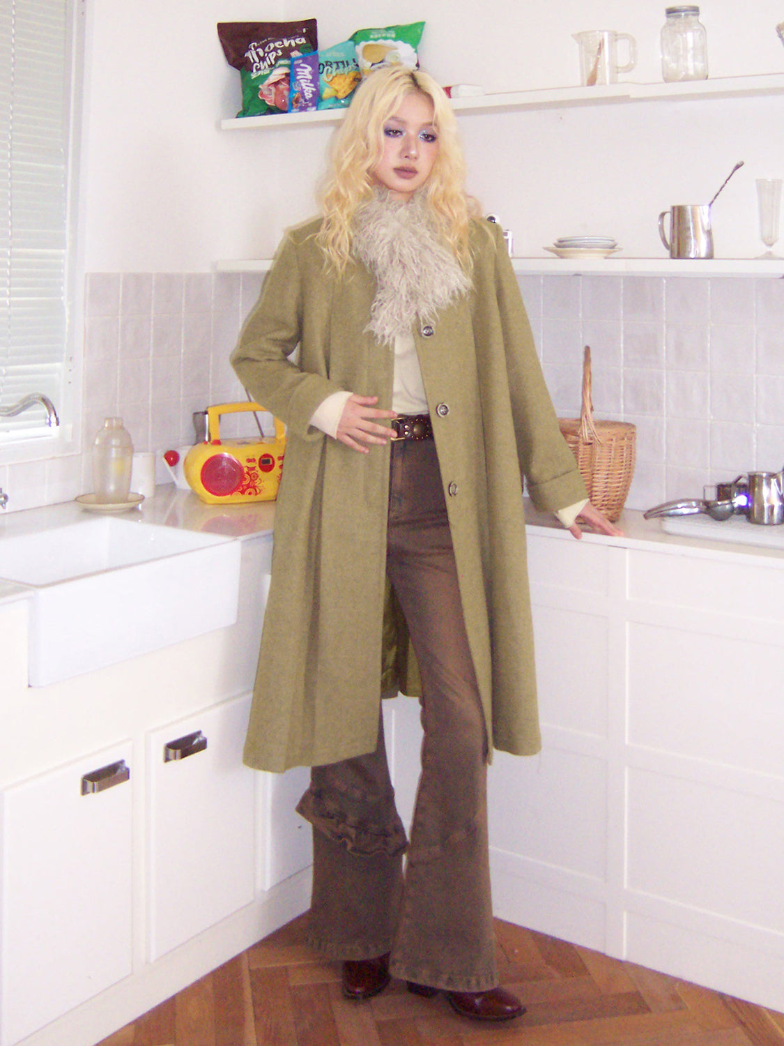 Fur-Collar Plain Flare Simple Elegant Long-Coat