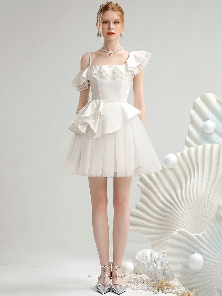 Lace Asymmetry One-Shoulder Tulle Frill One-Piece